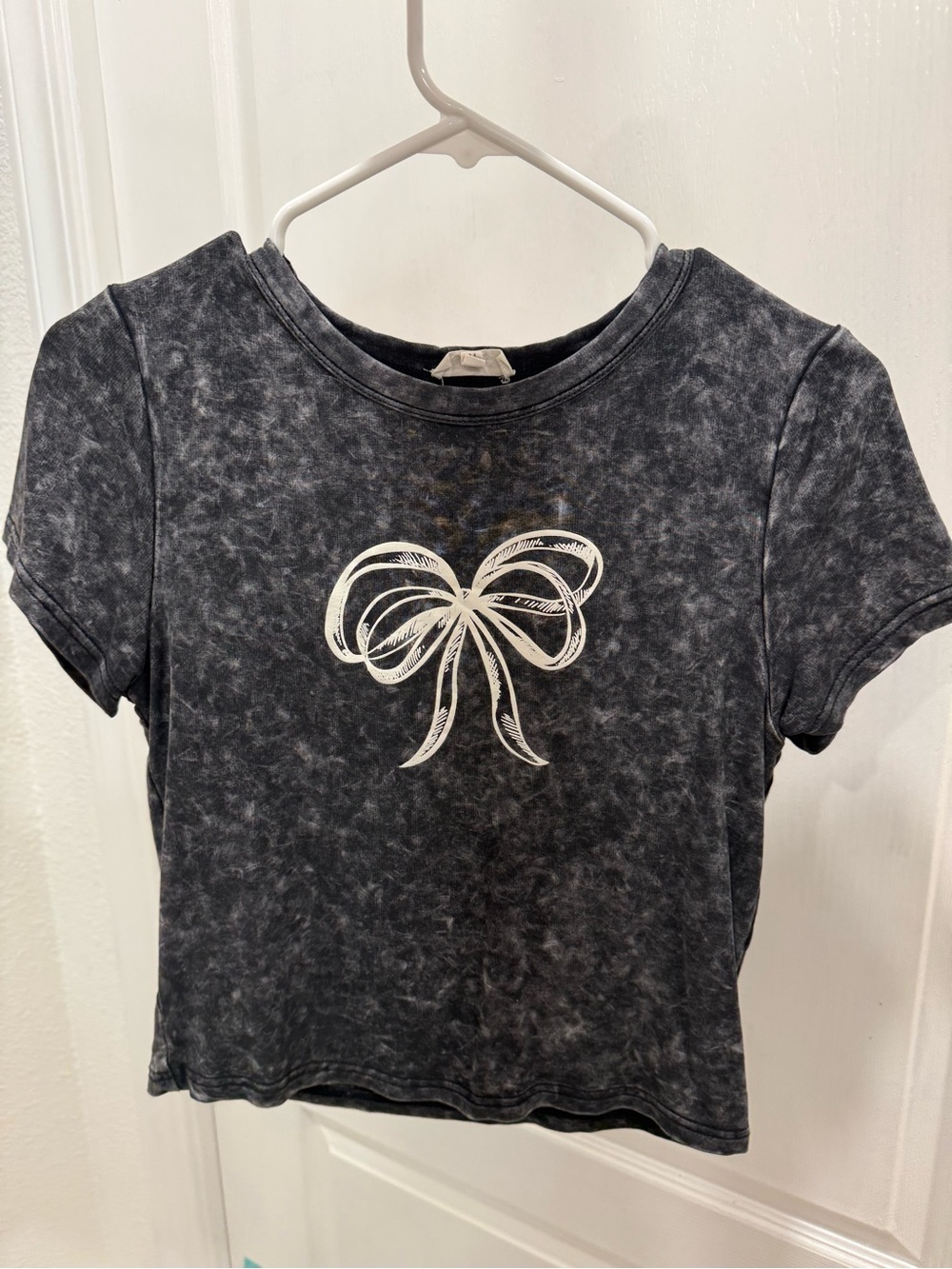 Promesa Black Mineral-Wash Crop Top with White Bow Graphic